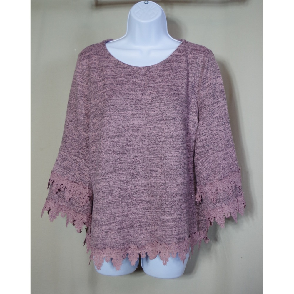 SJS Women's Large Dusty Rose Pink Marled Knit Top Lace Trim Bell Sleeve